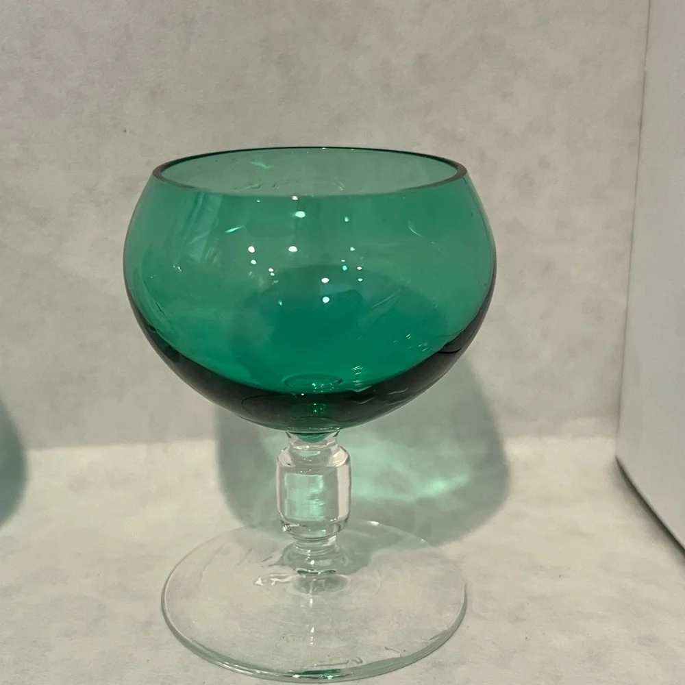 Mid century, Green glass, A lot of 4, clear stem small shot/ sip glasses